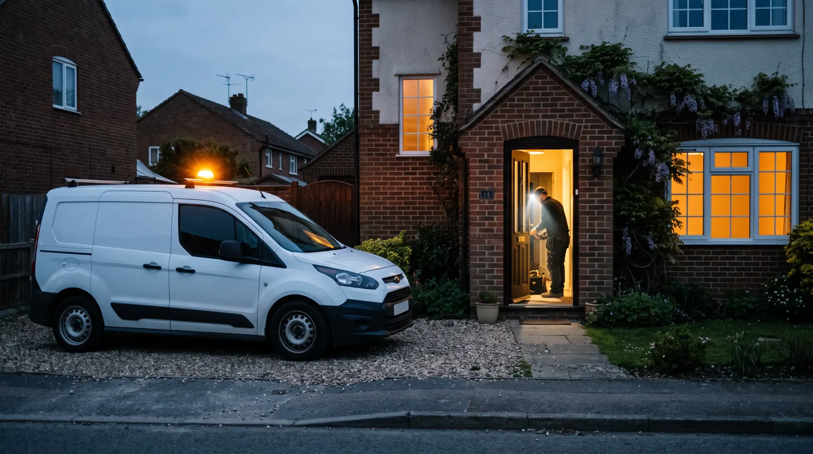 Electrician's van with amber beacon outside a house at dusk