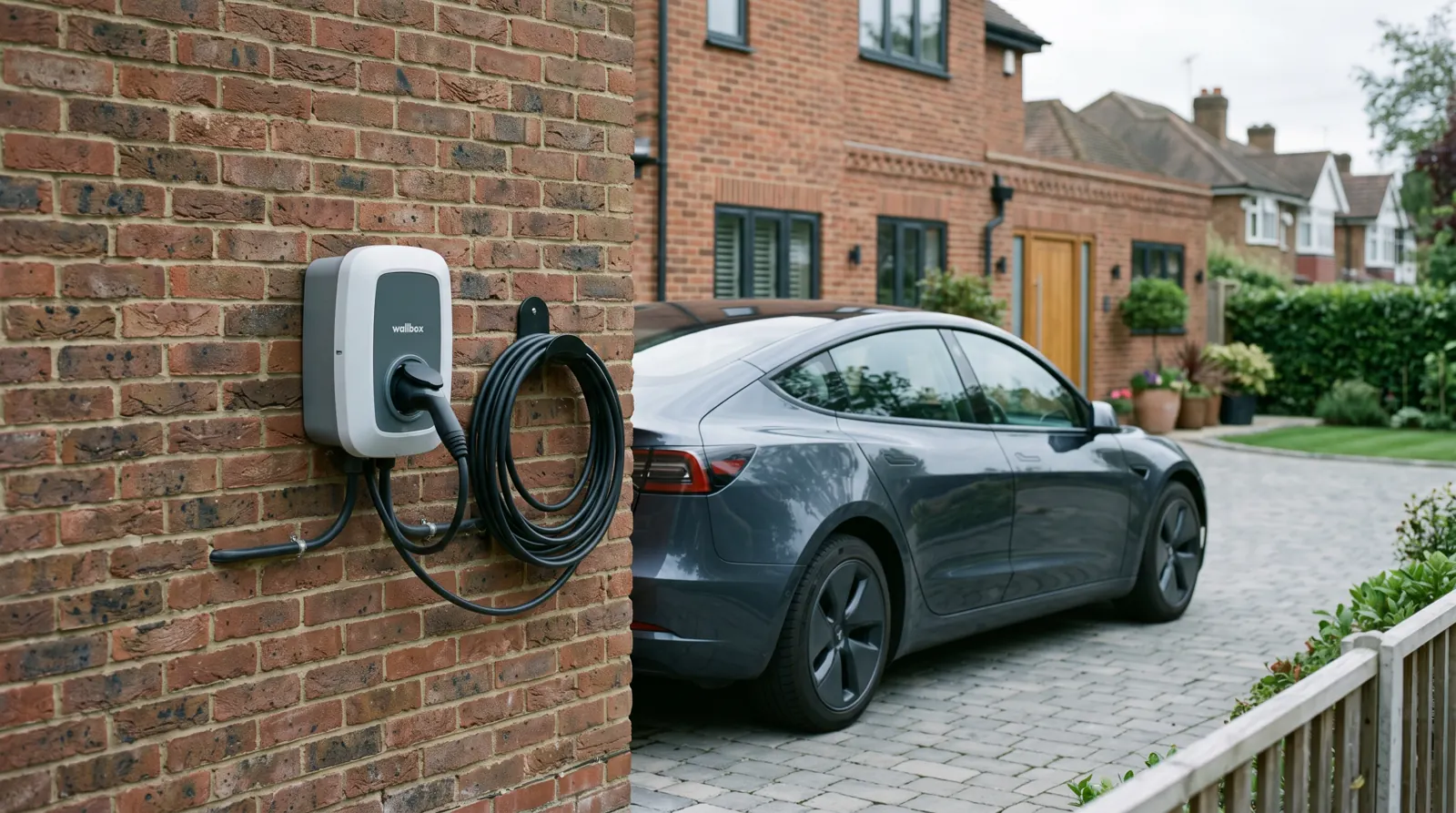 Wall-mounted EV chargepoint fitted to the outside of a brick house